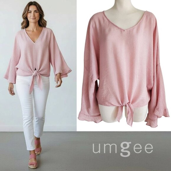 Umgee Tops - Umgee Blush Pink Crinkle Cotton Ruffle Bell Sleeve Oversized Relaxed M
